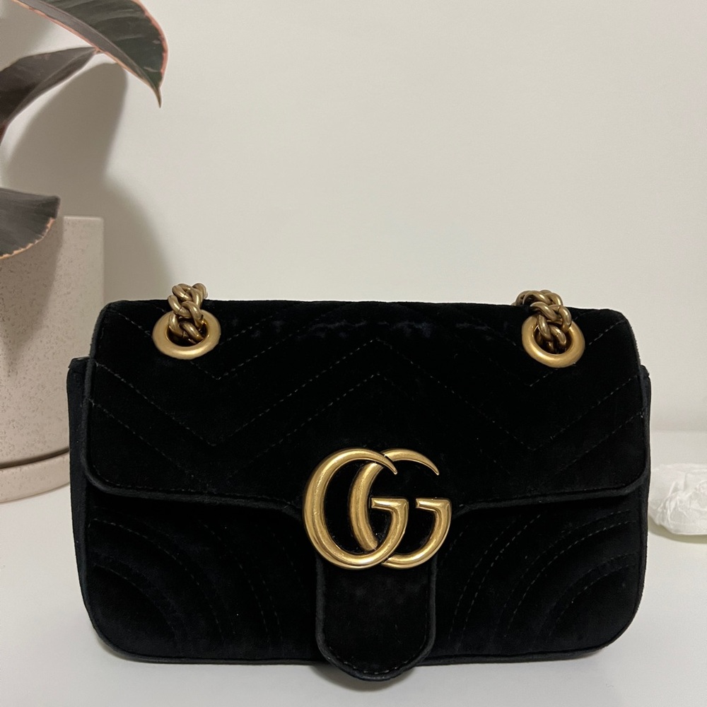 Gucci Velvet Matelasse Mini GG Marmont Shoulder Bag Black